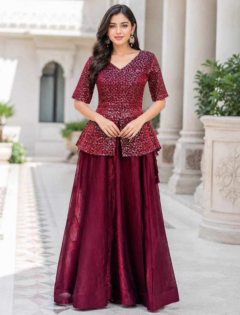 New Trendy Stylish Red Embroidered Peplum Top with Matching Flared Lehenga Set