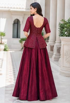  Red Embroidered Peplum Top with Matching Flared Lehenga Set 2