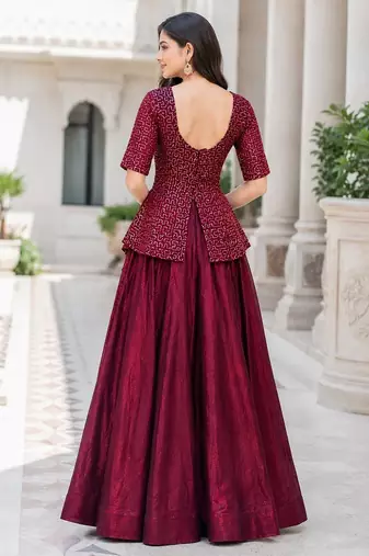   Red Embroidered Peplum Top with Matching Flared Lehenga Set