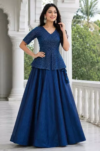   Navy Blue Embroidered Peplum Top with Matching Flared Lehenga Set