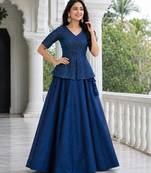 New Trendy Stylish Navy Blue Embroidered Peplum Top with Matching Flared Lehenga Set