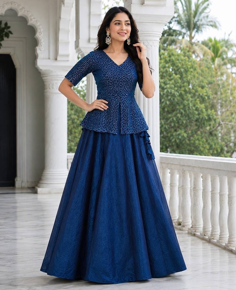 New Trendy Stylish Navy Blue Embroidered Peplum Top with Matching Flared Lehenga Set