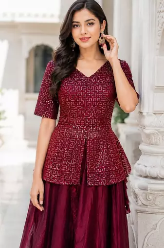   Red Embroidered Peplum Top with Matching Flared Lehenga Set