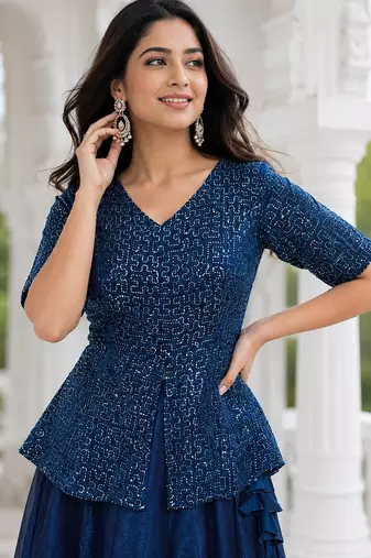   Navy Blue Embroidered Peplum Top with Matching Flared Lehenga Set