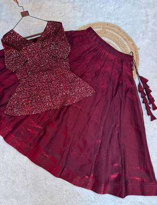  Red Embroidered Peplum Top with Matching Flared Lehenga Set 4