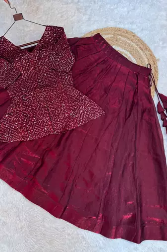   Red Embroidered Peplum Top with Matching Flared Lehenga Set