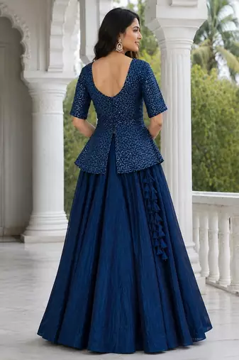   Navy Blue Embroidered Peplum Top with Matching Flared Lehenga Set