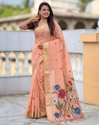 soft pure muga cotton  saree with meenakari  weaving  motifs and contrast blouse 5