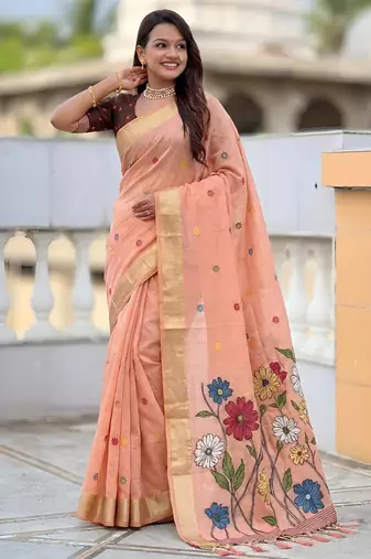 soft pure muga cotton  saree with meenakari  weaving  motifs and contrast blouse