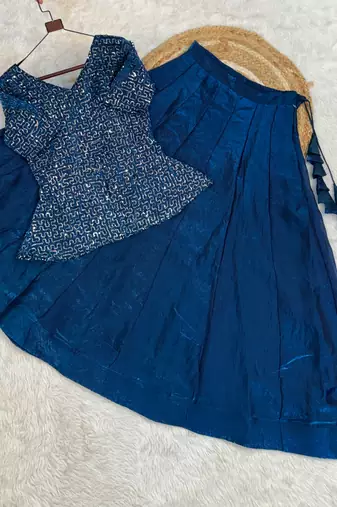   Navy Blue Embroidered Peplum Top with Matching Flared Lehenga Set
