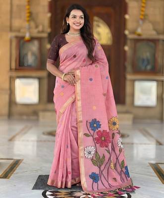soft pure muga cotton  saree with meenakari  weaving  motifs and contrast blouse 1