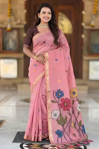 soft pure muga cotton  saree with meenakari  weaving  motifs and contrast blouse