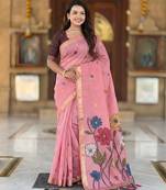 soft pure muga cotton  saree with meenakari  weaving  motifs and contrast blouse