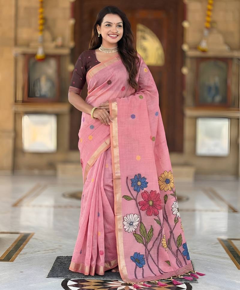 soft pure muga cotton  saree with meenakari  weaving  motifs and contrast blouse