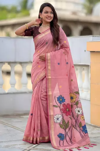soft pure muga cotton  saree with meenakari  weaving  motifs and contrast blouse