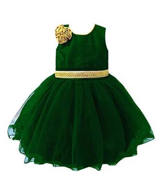 Dark green net sleeveless flower party frock for girls 2