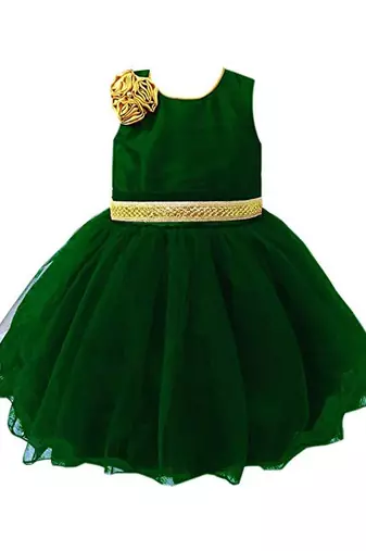 Dark green net sleeveless flower party frock for girls