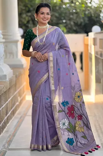 soft pure muga cotton  saree with meenakari  weaving  motifs and contrast blouse