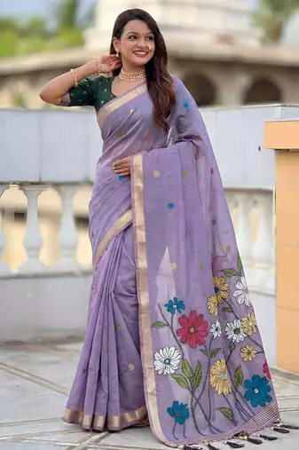 soft pure muga cotton  saree with meenakari  weaving  motifs and contrast blouse