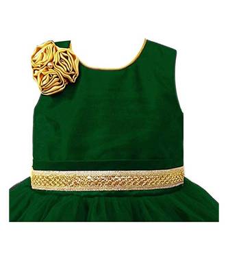 Dark green net sleeveless flower party frock for girls 1