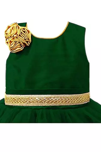 Dark green net sleeveless flower party frock for girls