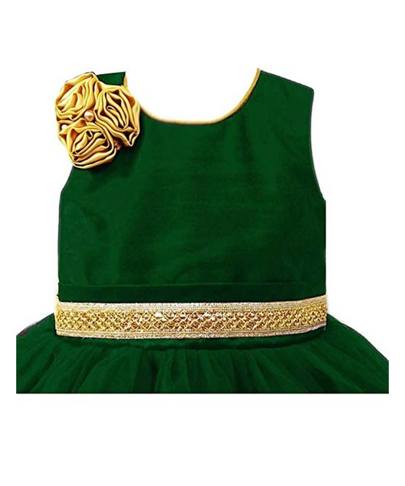 Dark green net sleeveless flower party frock for girls