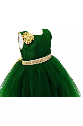 Dark green net sleeveless flower party frock for girls