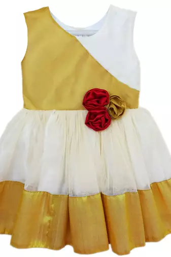 Gold white net sleeveless red flower party frock for girls