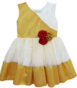Gold white net sleeveless red flower party frock for girls