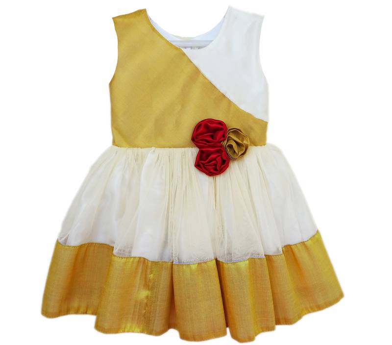 Gold white net sleeveless red flower party frock for girls
