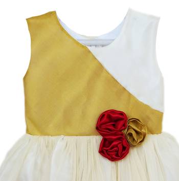 Gold white net sleeveless red flower party frock for girls 2