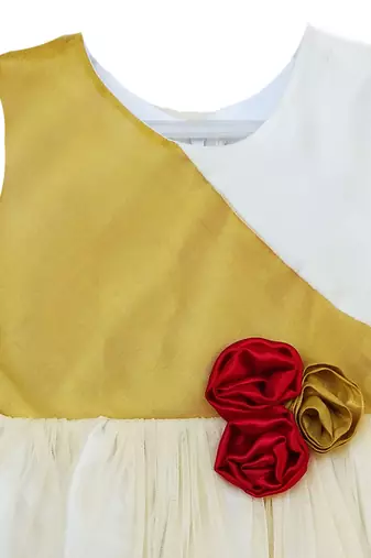 Gold white net sleeveless red flower party frock for girls