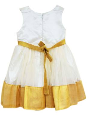 Gold white net sleeveless red flower party frock for girls 4