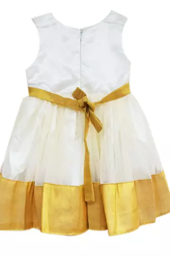 Gold white net sleeveless red flower party frock for girls