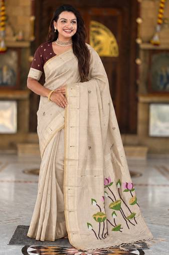 soft pure muga cotton  saree with meenakari  weaving  motifs and contrast blouse