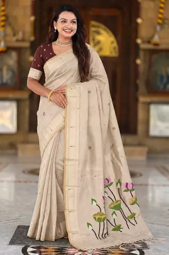 soft pure muga cotton  saree with meenakari  weaving  motifs and contrast blouse