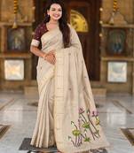 soft pure muga cotton  saree with meenakari  weaving  motifs and contrast blouse