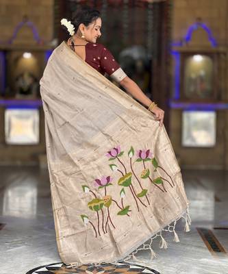 soft pure muga cotton  saree with meenakari  weaving  motifs and contrast blouse 2