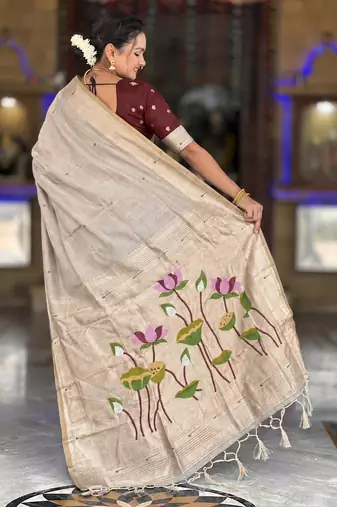 soft pure muga cotton  saree with meenakari  weaving  motifs and contrast blouse