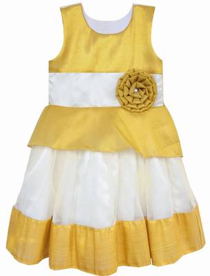Gold white net sleeveless flower party frock for girls 1