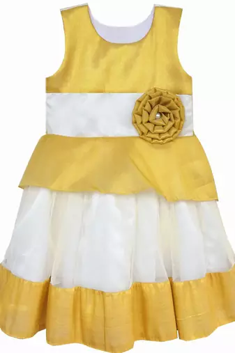Gold white net sleeveless flower party frock for girls