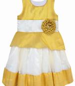 Gold white net sleeveless flower party frock for girls