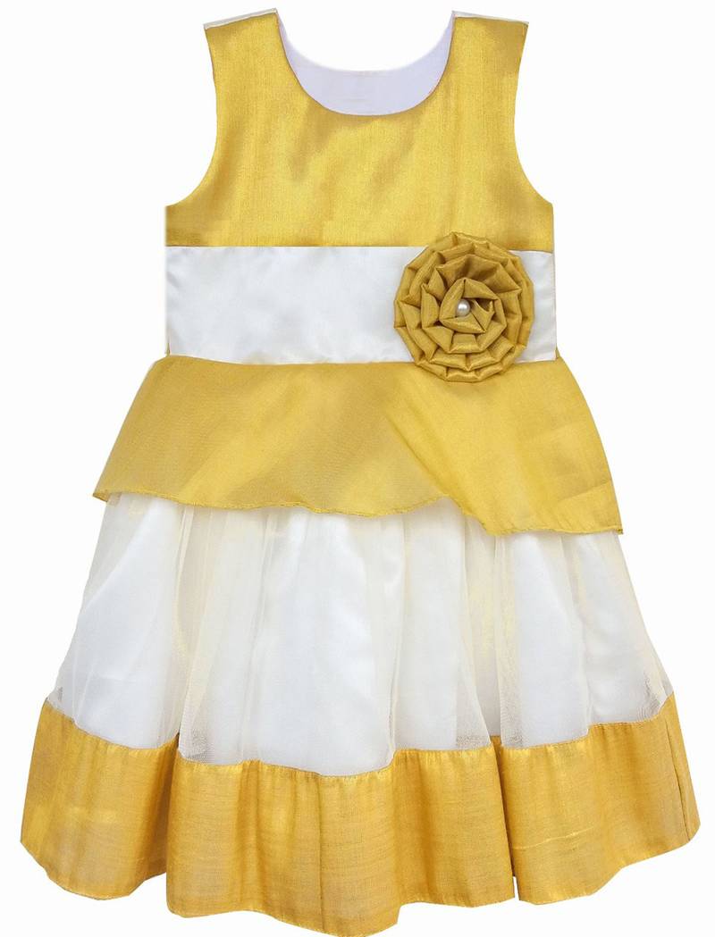 Gold white net sleeveless flower party frock for girls