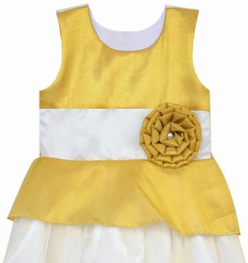 Gold white net sleeveless flower party frock for girls 2