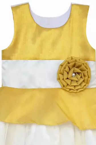 Gold white net sleeveless flower party frock for girls