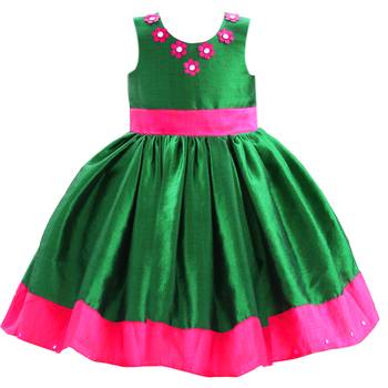 Green pink silk sleeveless flower party frock for girls 1