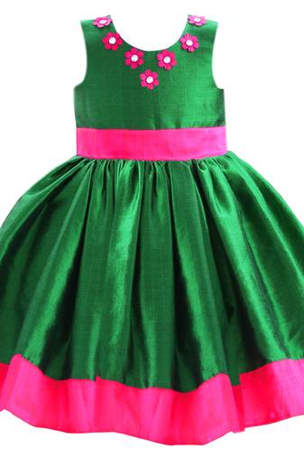 Green pink silk sleeveless flower party frock for girls