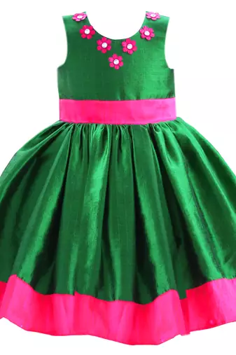 Green pink silk sleeveless flower party frock for girls