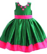 Green pink silk sleeveless flower party frock for girls