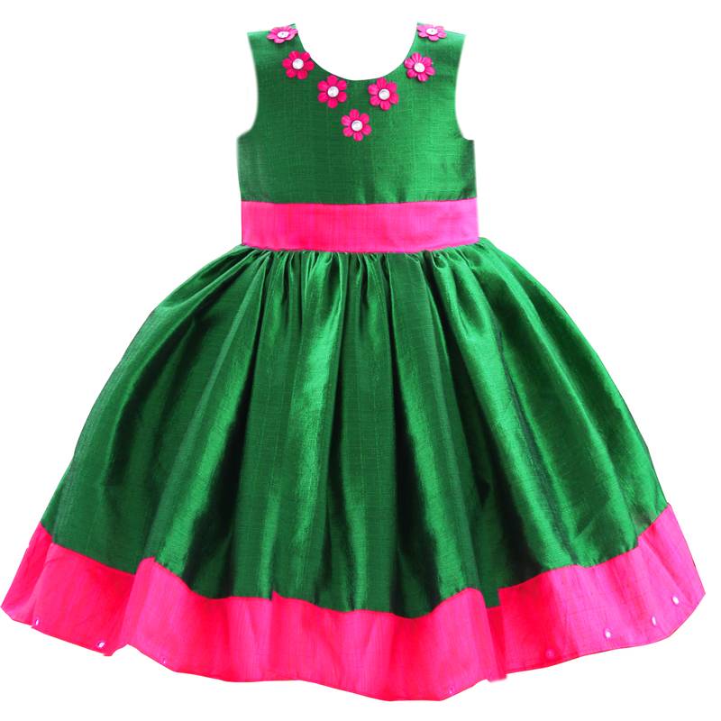 Green pink silk sleeveless flower party frock for girls